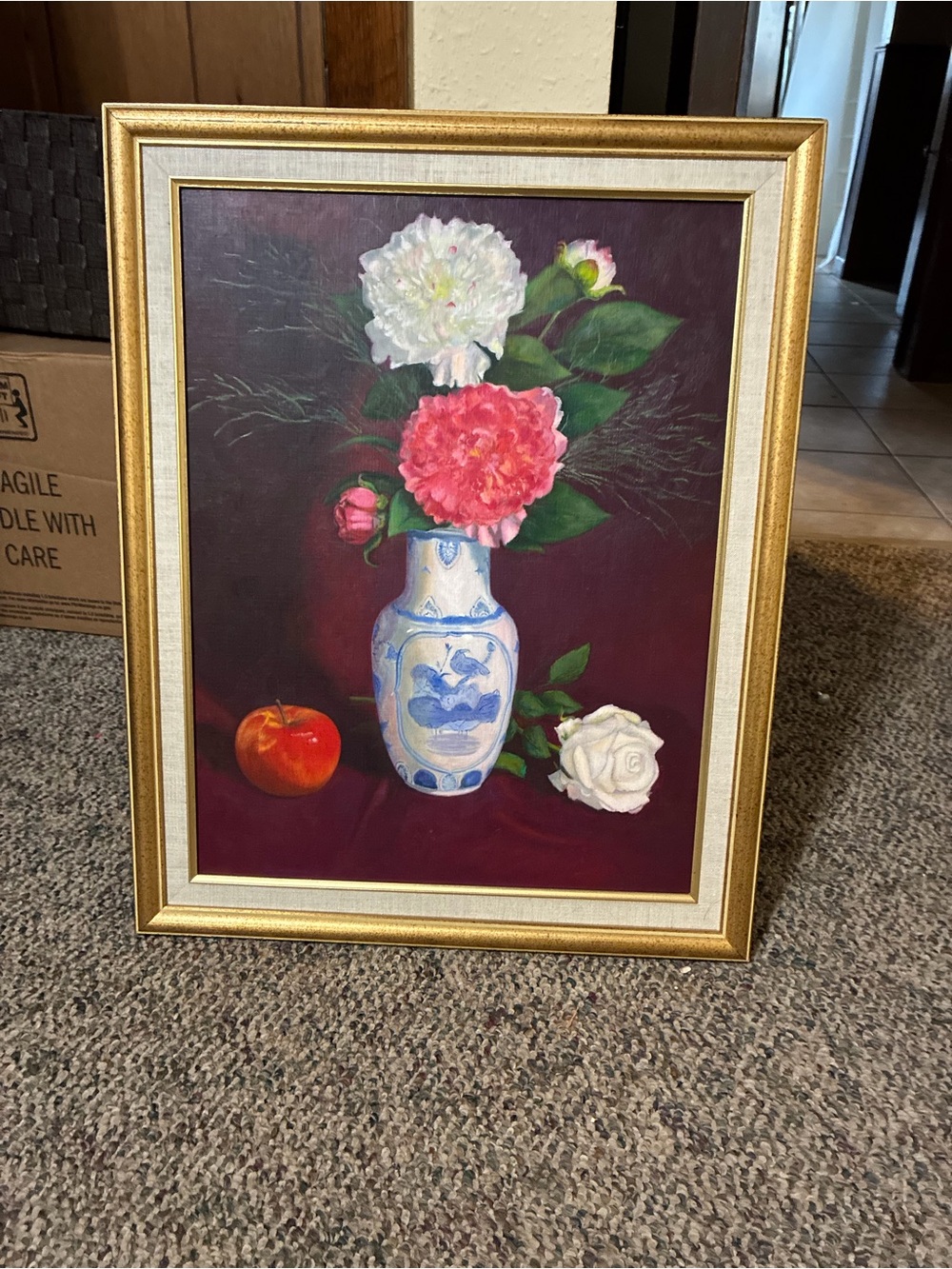 Original Framed Floral Still Life Wall Art in Gold Frame - Pink & White Peonies